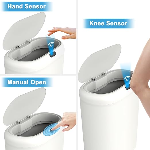 Naisu 4 Gallon Automatic Sensor Trash Can with Lid, 2 Pack Sealed Slim Design Waterproof Bathroom & Kitchen Garbage Bin, Motion Sensor Technology, Ideal for Small Spaces (White)