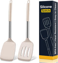 2 Pack Silicone Spatula Set, Solid & Slotted Turner for Non-Stick Pans, High Heat Resistant Silicone Spatula for Cooking, BPA-Free Stainless Steel Cooking Utensils for Fish, Eggs, Pancakes, Khaki