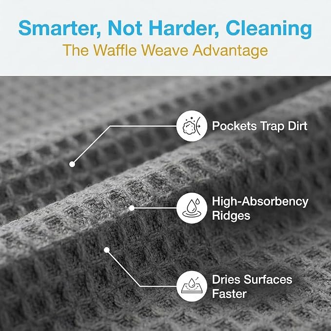 Waffle Weave Microfiber Cloths - 12 x 12 inches - Lint Free Cloth, Streak-Free Absorbent Microfiber Glasses Cleaning Cloth, Screens, Dusting & Appliances - 12 Pack Premium Cloth Wipes