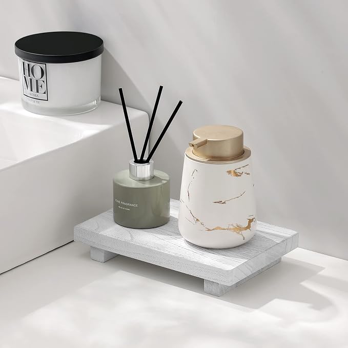Wood Bathroom Tray Farmhouse Decor Kitchen Soap Holder, 9"x6" White | Waterproof, Lightweight, Easy Clean, Small Wooden Riser Pedestal Stand Accessories for Office Desk, Vanity, Counter, Sink
