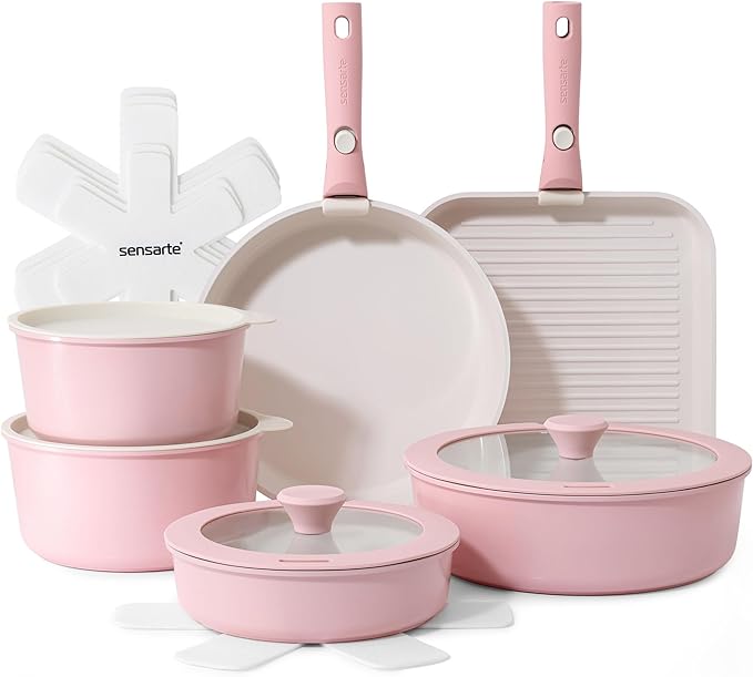 SENSARTE 17 Piece Ceramic Detachable Handle Pots and Pans Set Pink | Ceramic Cookware Set, Induction Cookware Set with Removable Handle, Healthy Non Stick for RV, Dishwasher ＆ Oven Safe