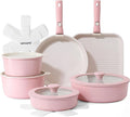 SENSARTE 17 Piece Ceramic Detachable Handle Pots and Pans Set Pink | Ceramic Cookware Set, Induction Cookware Set with Removable Handle, Healthy Non Stick for RV, Dishwasher ＆ Oven Safe