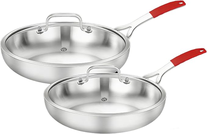 DELARLO Tri-Ply Stainless Steel Frying Pan Set 10.2" 12.2" kitchen skillet | Stainless Steel Pan Cooking Heat fast and evenly Compatible with All Cooktops Dishwasher and Oven Safe