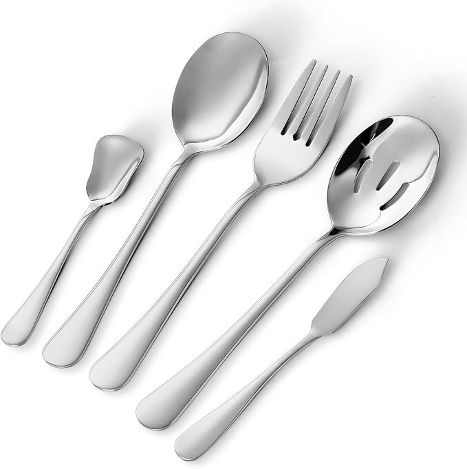 Lazycorner 53 Piece Silverware Set for 8, Flatware Set with Steak Knives for 8 and 5 Public Serving Use Set 18/10 Stainless Steel Serving Utensils Set Cutlery Set For Restaurant Hotel Dishwasher Safe