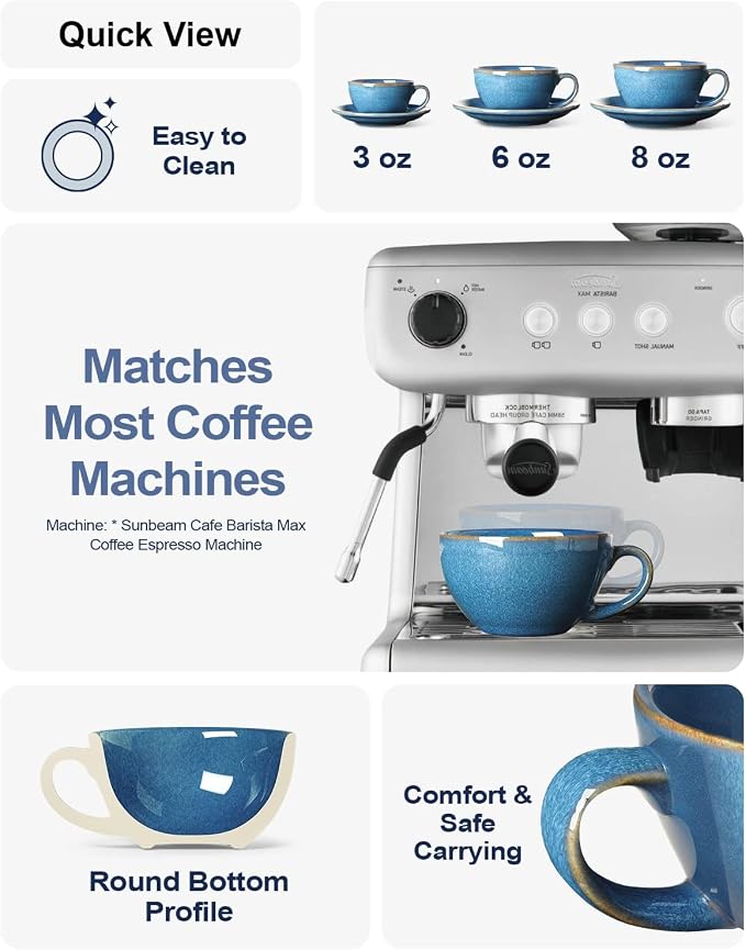 LE TAUCI 6 oz Cappuccino Cups with Saucers, Set of 4 Ceramic Coffee Cup and Saucer Set for Latte, Au Lait, Flat White, Mocha, Tea, Embossed Coffee Cups, Ceylon Blue