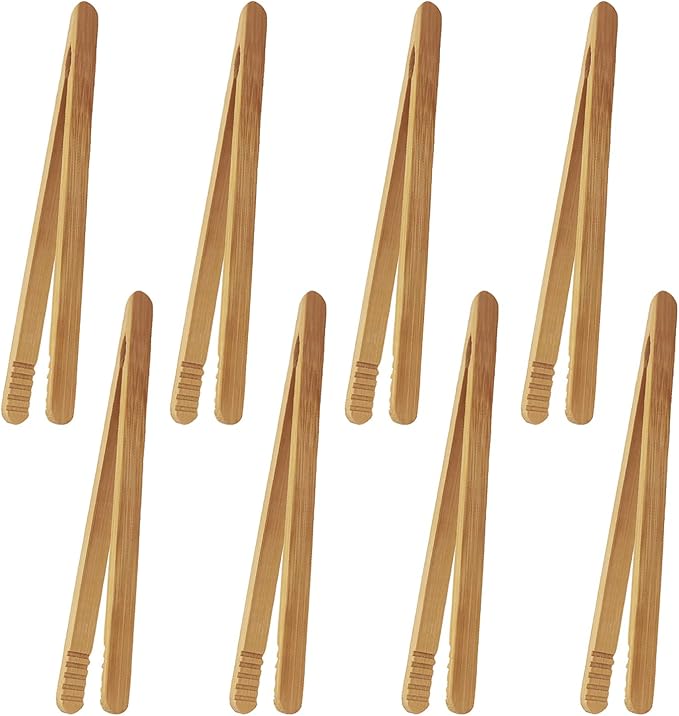 7 Inch Bamboo Kitchen Utensil Tongs for Toast, Kimchi, 8 Pcs