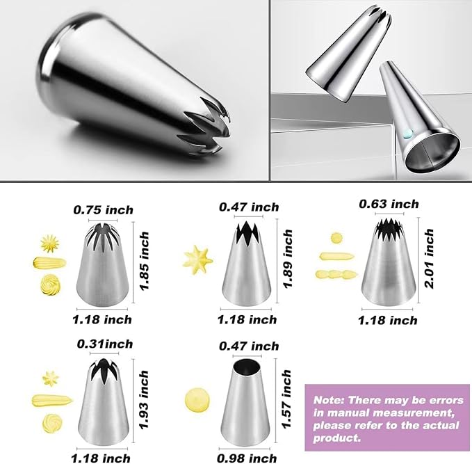 Extra Large Piping Tips, Seamless Stainless Steel Icing Piping Nozzle Tip Set, DIY Icing Nozzle Tool for Birthday Cake & Cupcakes, with a Cleaning Brush (1A 356 347 348 1E)