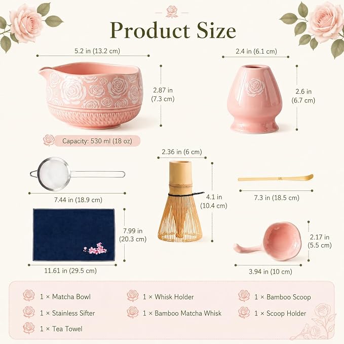 Buucup Matcha Whisk Set, Ceramic Matcha Kit with Bowl & Tools, Rose Pink | 7-piece set includes ceramic bowl, bamboo whisk, scoop, holder, rest, sifter and tea towel for home matcha preparation.