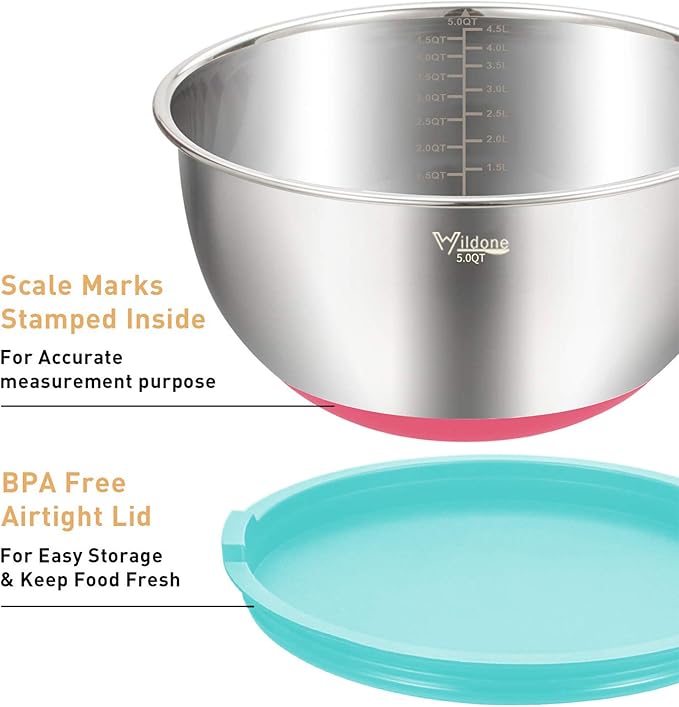 Wildone Mixing Bowls with Airtight Lids Set, 5PCS Stainless Steel Nesting Bowls for Kitchen, with Grater Attachments & Non-Slip Bottoms, Size 5, 3, 2, 1.5, 0.63 QT, for Baking & Serving (Colorful)