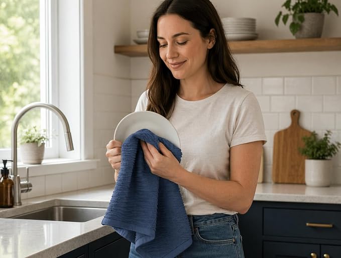 Chambray Denim Blue Kitchen Hand Dish Towels, Set of 3, 100% Cotton, 18" x 28" | Terry Loop Ribbed Textured, Soft & Absorbent Cleaning Cloth, Quick Dry, Multipurpose For Everyday Use