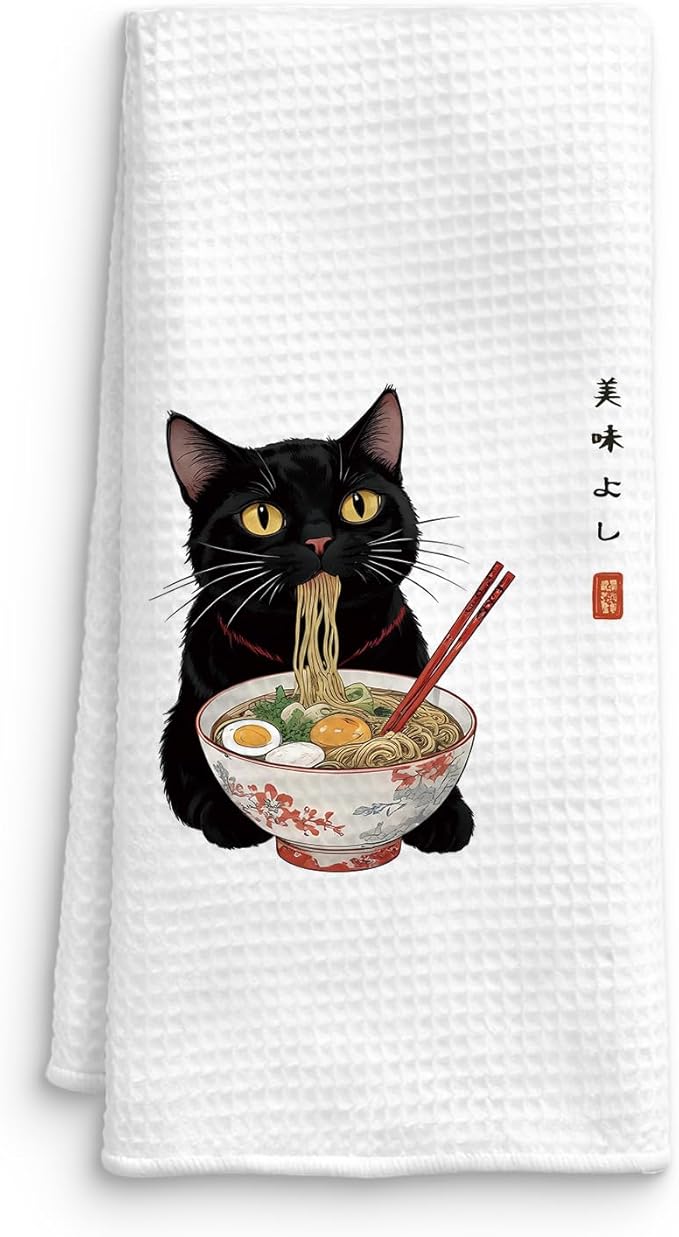 Funny Black Cat Kitchen Towel, Sushi Cat Lover Gifts Dish Towel, Japanese Ramen Noodles Sushi Black Kitty Decorative Hand Towel 16x24 Inch(B)