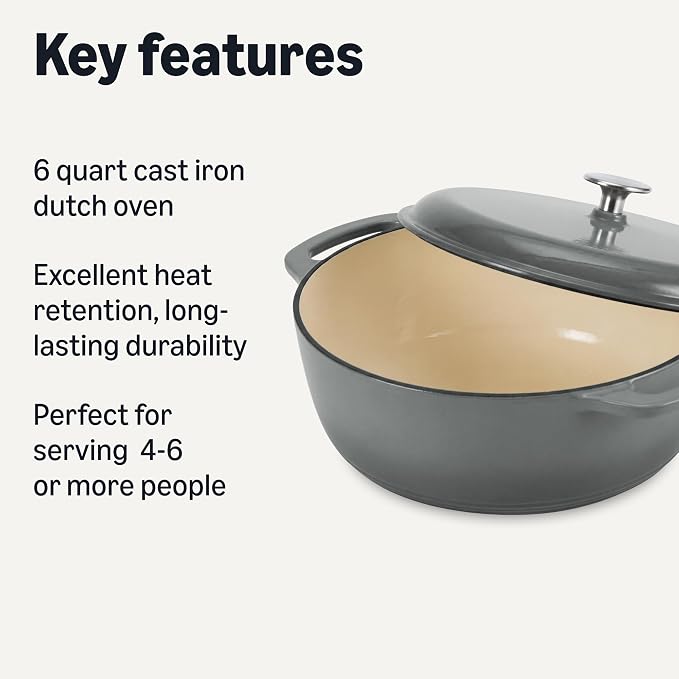 Amazon Basics Enameled Cast Iron Dutch Oven Pot with Lid, Round, Dual Handles, Heavy-Duty, Oven Safe for Stews, Roasting, Baking,6-Quart, Gray