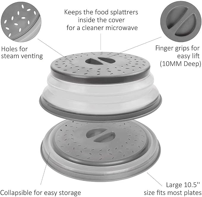 Collapsible Microwave Cover for Food Microwave Splatter Cover Fruit Drainer BPA-Free Dishwasher Safe 10.5 inch, GREY&RED