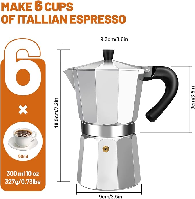 6 Cup Aluminum Espresso Stovetop Moka Pot Express Coffee Maker Percolator Italian Classic Mocha Coffee Machine for Italian and Cuban Cafe Brewing for Home & Camping 300ml 10oz