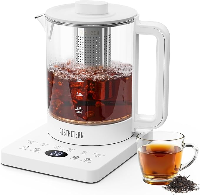 Electric Tea Kettle with Infuser, 1.5L Glass Water Boiler with Temperature Control, 24H Keep Warm & Auto Shut-Off, White