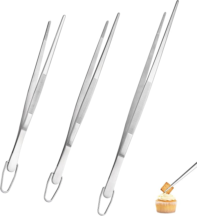 U-Taste Kitchen Cooking Tweezers 18/8 Stainless Steel, 8+10+12"/Pointed Tip | Food-Grade Metal Food Tongs Set, Seamless-Welding, Long Professional Chef Tweezer for Plating Serving Grilling Frying Feeding
