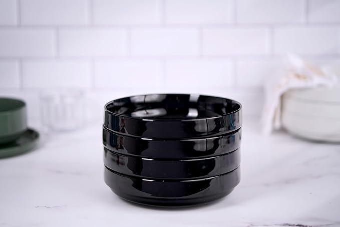 KooK Pasta Bowl, Bowl Plate, Low Bowl, Plate Bowls, Ceramic Large Shallow Bowls, Microwave and Dishwasher Safe, Great for Soups and Salads, Glossy Porcelain, 47 oz, Set of 4, Black