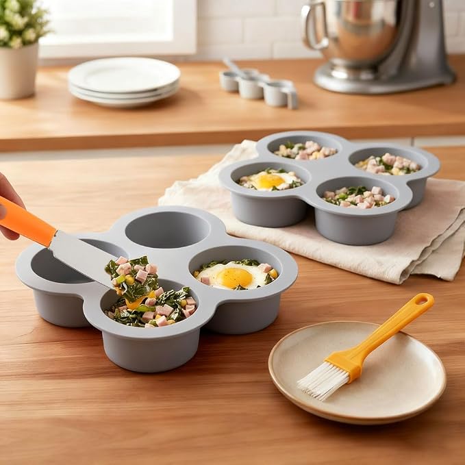 2 Pack Silicone Egg Bite Molds with 1 Spatula & 1 Brush, 4 Cups Silicone Air Fryer Baking Pan Non-Stick for Egg Bites, Cupcake, Tart, Frittata, Quiche, Muffins, Cornbread