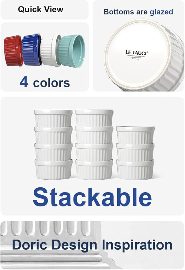 LE TAUCI Ramekins 4 OZ Oven Safe, Creme Brulee Ramekins, Pudding Custard Cups Souffle Ramiken, Dipping Sauce Dishes, Ceramic Ramekin Bowls Set of 6, White