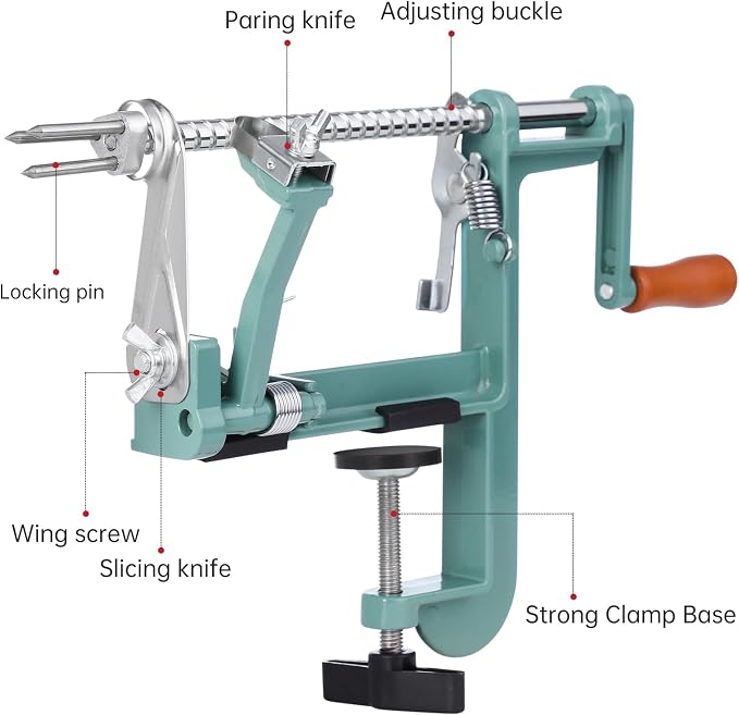 Apple Peeler Corer, Long lasting Chrome Cast Magnesium Alloy Apple Peeler Slicer Corer with Stainless Steel Blades and Powerful Clamp Base for Apples and Potato(DeepGreen)