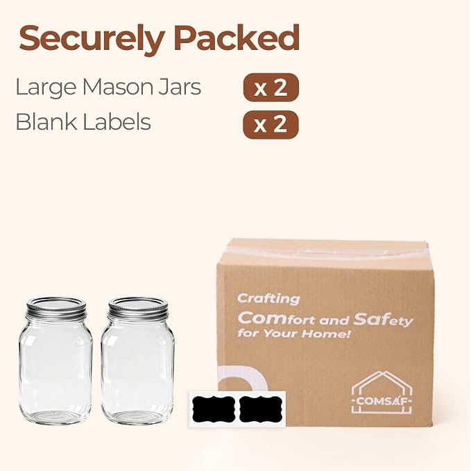 ComSaf 32 oz Wide Mouth Mason Jars 2 Pack Large Glass Jars with Lids | BPA-Free Materials, Quart Size, Chunky Salsa, Canning Pickling Sauce, Meal Prep Salad, Sourdough, Jam Jelly, Meal Prep