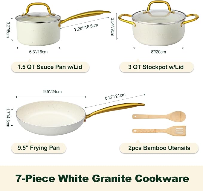 M MELENTA Pots and Pans Set 7 piece, Non Stick White Granite Cookware Set | Compact Starter Cookware, Nonstick Pots and Pans Set, Induction Cookware, Kitchen Cooking Set, Oven Safe, PFOA Free