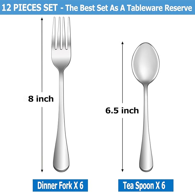 12 Pcs Forks and Spoons Silverware Set,Food Grade Stainless Steel Flatware Cutlery Set for Home,Kitchen and Restaurant,Mirror Polished,Dishwasher Safe - 6 Dinner Fork(8 inch) and 6 Teaspoon(6.5 inch)