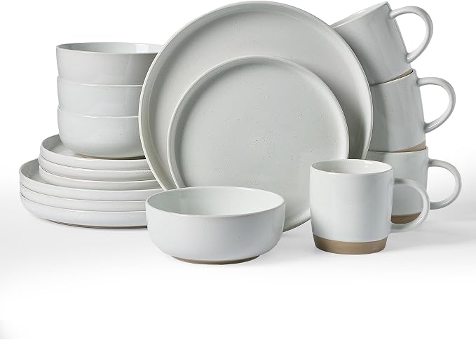 Famiware Milkyway 16-Piece Dinnerware Set with Mugs, Light Gray | Stoneware Plates and Bowls for 4, Dishes Set for Everyday/Formal Use, Microwave/Dishwasher Safe, Chip/Scratch Resistant