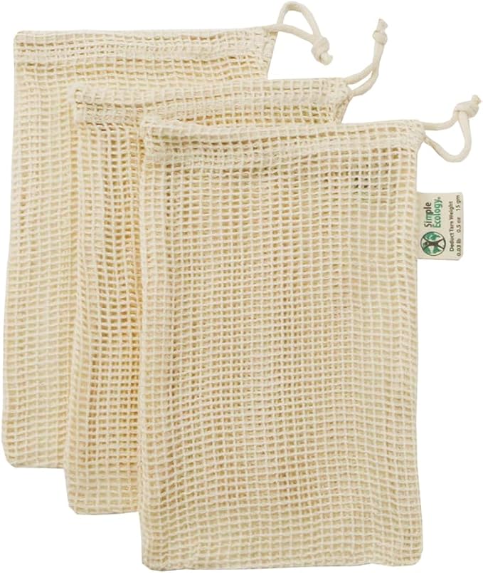 Reusable Produce Shopping and Storage Bags, Drawstring, Washable Organic Cotton Mesh, X Small 3 pack
