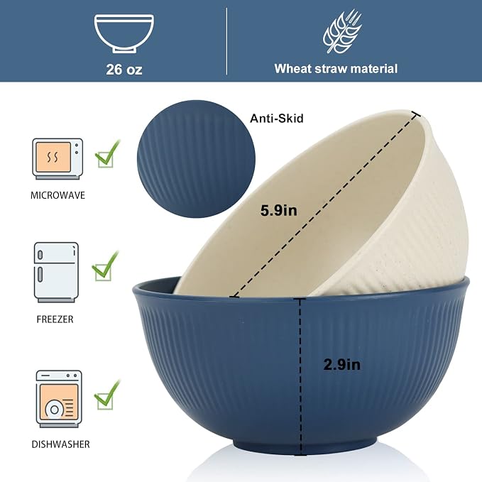 Kids Soup Bowls 8 PCS, Wheat Straw Bowls Set Microwave Safe 26 OZ | Unbreakable Plastic Bowls Reusable, Dishwasher Safe Bowls for Kitchen, Serving Soup, Cereal and Salad, BPA Free, Sea Series
