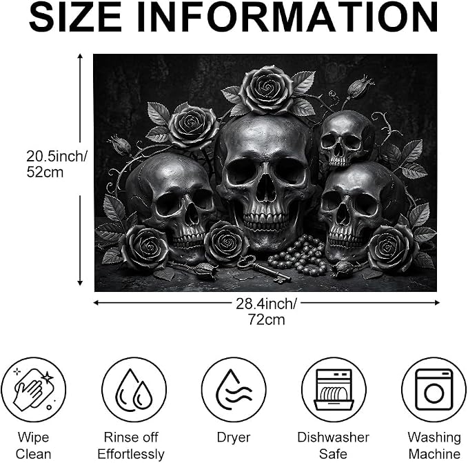 Gothic Skull Stove Top Cover for Electric Stove, 28x20 In Mat | Heat-resistant non-slip mat holds hot cookware; glass cooktop protector, dish drying; black rose halloween kitchen decor