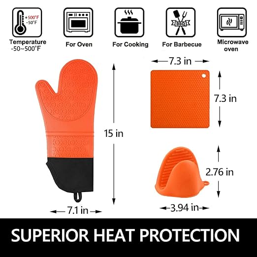 6pcs Silicone Oven Mitts and Pot Holders Sets for Kitchen, Orange | 500°F heat resistant, cotton lining, honeycomb non-slip texture, 15-inch forearm protection, baking cooking gloves