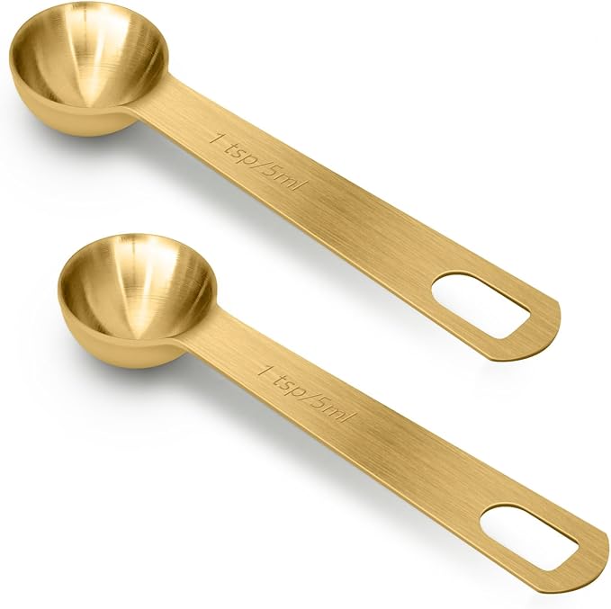 2 PCS 1 Teaspoon(5 mL, 1tsp, 1/3tbsp) Stainless Steel Single Measuring Spoon, Easy to Use and Easy to Wash Metal Measuring Scoop Kitchen Gadgets for Cooking & Baking(Gold)