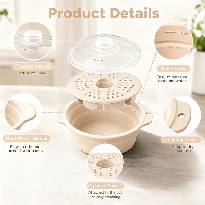 42oz Silicone Microwave Food Steamer with Steam Basket, Collapsible Steamer for Cooking Vegetable, Seafood, Dumplings, Rice Cooker, BPA Free Small Steam Pot with Handle & Lid, Dishwasher Safe (Pink)