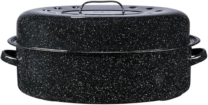 Granite Ware Covered Oval Roaster, 20 Lb Capacity - Speckled Black | Porcelain Surface Enamel Steel Roasting Pan with Lid, Oven & Grill Safe Cookware for Poultry, Meats, Vegetables & Roasting