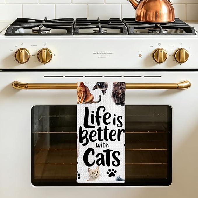 Jztco Cute Cat Kitchen Towels, Floral Cats Gifts Reusable Hand Towels | Cat Lover Gifts for Women Mom, Waffle Dish Towels for Kitchen Home Bathroom Decor 24x14 Inch