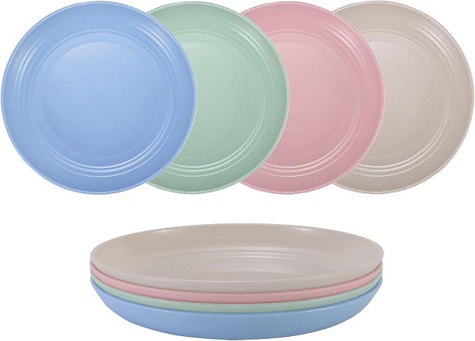 7 Inches Small Unbreakable Wheat Straw Plates - Reusable Plate Sets of 4 - Dishwasher & Microwave Safe - Perfect for Dinner Dishes - Healthy, BPA Free & Eco-Friendly (7 Inches)