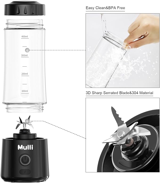 Mulli Portable Blender,USB Rechargeable Personal Mixer for Smoothie and Shakes, Mini Blender with Six Blades for Baby Food,Travel,Gym