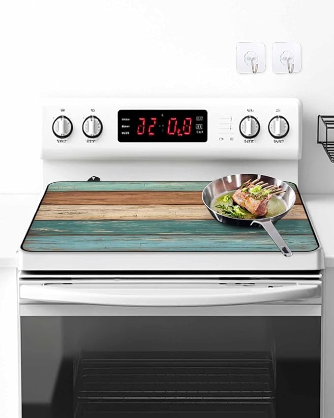 Stove Top Covers for Electric Stove 36x21 Inches,Turquoise Brown Retro HeatResistant Glass Cooktop Protector,Vintage Farmhouse Wood Grain Ceramic Stovetop Countertop Covers Mat,Distressed Oven Cover