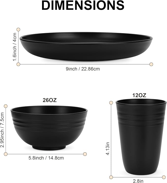 HOTEC 24-Pack Unbreakable Kitchen Plastic Wheat Straw Dinnerware Set – BPA-Free Plates, Bowls & Cups | Lightweight, Microwave & Dishwasher Safe | Black Reusable Tableware for Home & Outdoor Use
