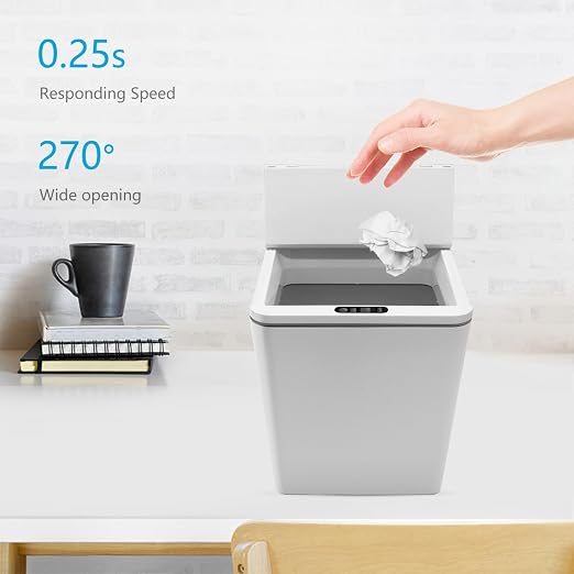 Automatic Small Countertop Trash Can with Lid, 1.5 Gal/6L Toucheless Mini Waste Bin for Office Desk/Bedside Table/Coffee Bar -Batteries, Grey
