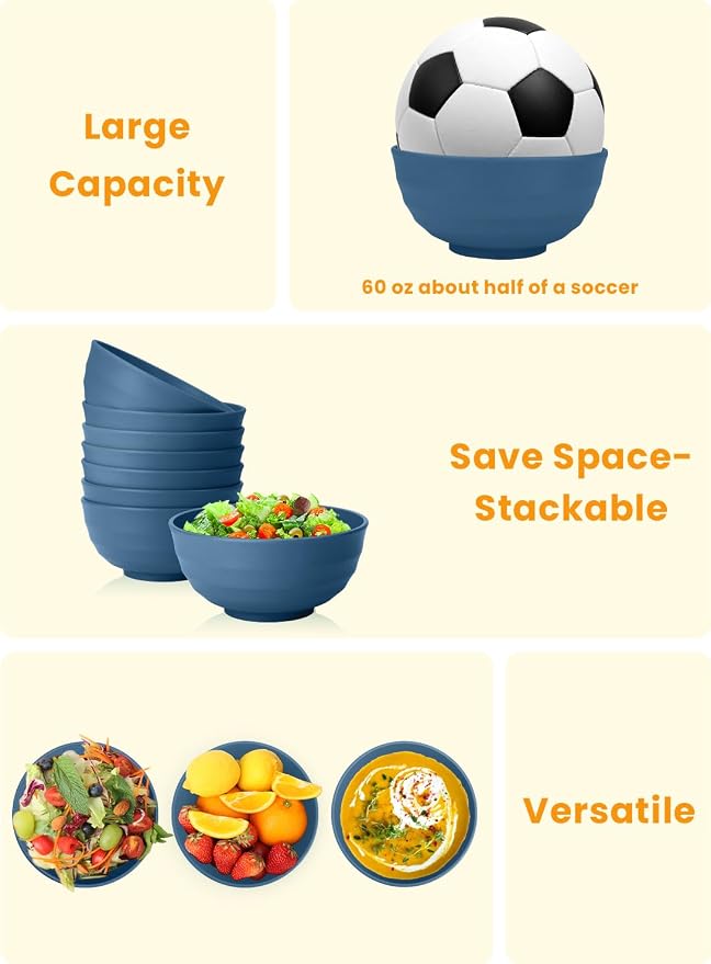 Deep Noodle Bowls Set of 8: 60oz Large Wheat Straw Bowls for Pho, Ramen & Salad, Lightweight & Unbreakable, Microwave Safe for Camping, Cereal & Soup (Blue)