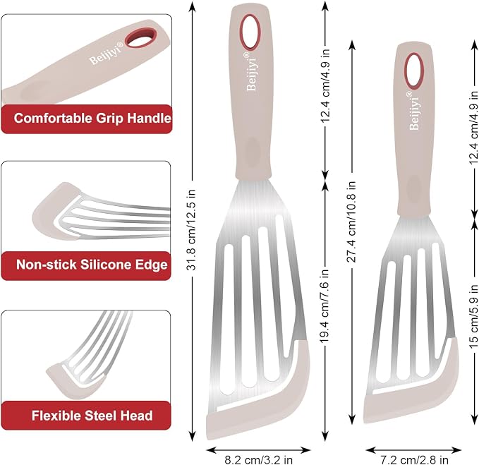 Beijiyi 2-Piece Silicone Fish Spatula for Nonstick Cookware, Heat Resistant | BPA Free, Flexible & Thin Edge, Scratch-Free, Slotted Turner, Kitchen Use, Cooking Flipper for Egg, Pancake, Dishwasher Safe