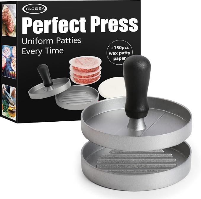 TACGEA Burger Press 150 Patty Papers, Non-Stick Hamburger Patty Maker with Wax Paper, Aluminum Burger Maker for Kitchen BBQ Grill