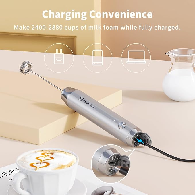 Maestri House LunaFro Rechargeable Milk Frother,Stand & 2 Detachable Whisks | 8000RPM Turbo Motor, 1200mAh lithium battery, Handheld Milk Frother for Lattes, Cappuccino, Matcha & Powdered Supplements