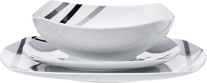 Amazon Basics Square Dinnerware Set for 6, Plates and Bowls for Kitchen, 18-Piece, Dishwasher and Microwave Safe, Modern Beams