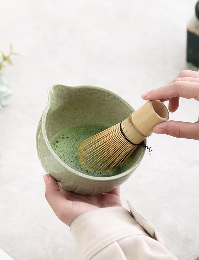TANG PIN Matcha Set - Match Bowl and Whisk, 15 OZ Matcha Whisk Set | Matcha Scoop | Matcha Whisk Stand (Chasen Holder) - 5pc Perfect Matcha Kit for Matcha Tea Ceremony (Mottled Green)