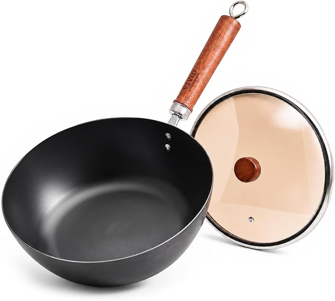 10.2-Inch Nitrided Carbon Steel Wok with Lid, Flat Bottom | 3.7-Qt wok with tempered glass lid for 1-3 servings; lightweight, induction compatible, coating-free, and seasoning required.