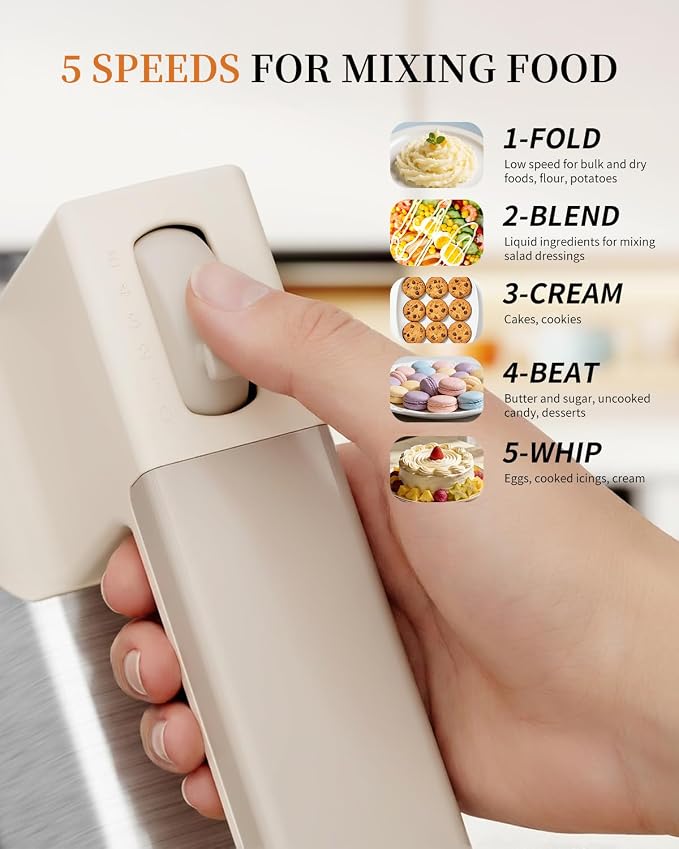 Hand Mixer Electric Handheld, 5-Speed 200W Portable Mixer Beige | WESTCOOKAID Electric Hand Mixer with Dough Hooks, Turbo Ultra Power+Eject Button, Perfect for Cakes, Eggs and Baking, Beige