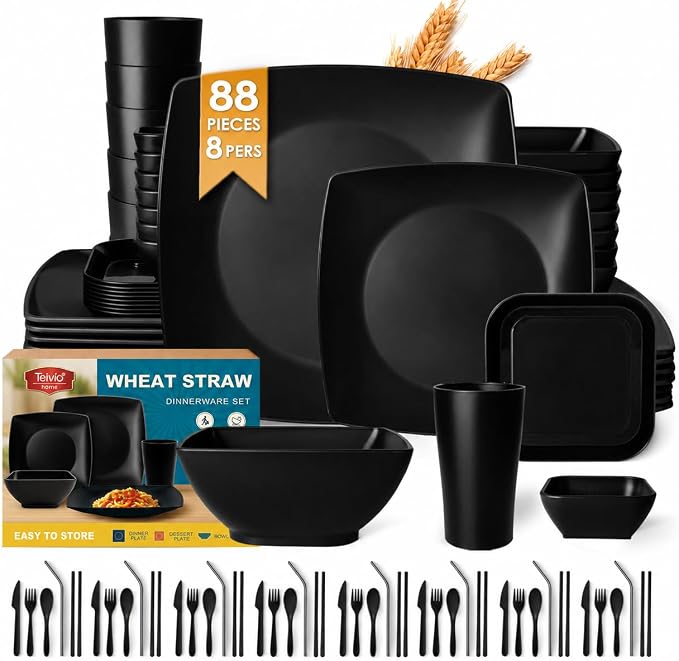 Teivio 88-piece Flatware Plates and Bowls Sets for 8, Black Dinnerware Sets | Plastic Wheat Straw Dish set,Unbreakable Dinner Plate set,13.5oz Cups, Dishwasher,Outdoor Kitchen RV Camping Dorm Essentials